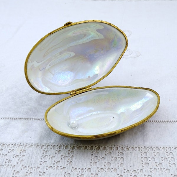 French Vintage Limoges Hand Painted Trinket Box Shaped as a Large Mussel Shell with Pearl Inside, Retro Collectible Porcelain China Sea Side