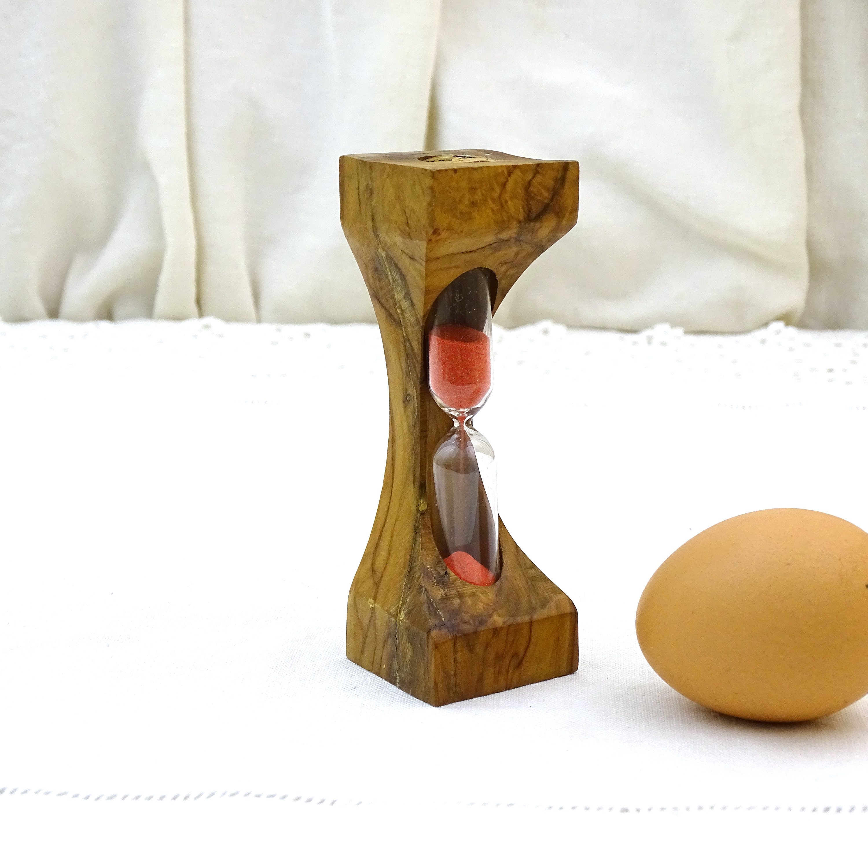 French Vintage Olive Wood Mid Century Modern Egg Timer With Pink