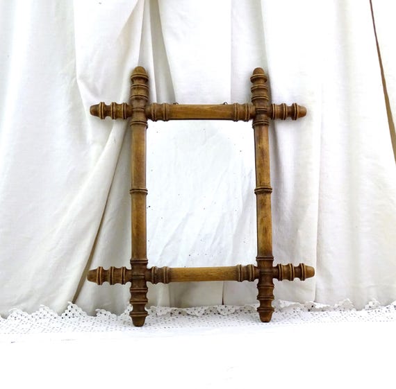 Antique French Faux Bamboo Wooden Framed Mirror, Vintage Wall Mounted 1920s Beveled Looking Glass from France, Retro Boudoir Decor