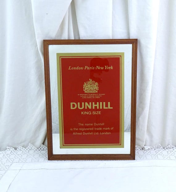 Large Vintage Dunhill  Advertising Framed Mirror with Red and Gold Logo, Retro Promotional Wall Art  Wooden Frame, 60s Smoking Collectibles