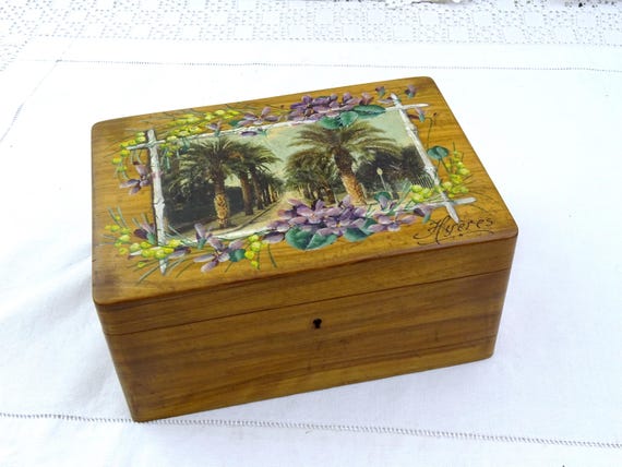 Antique French Hand Painted Souvenir Jewelry Box from Hyres with Photograph Decorated with Violet Flowers, Vintage Tourist Cote D'Azur