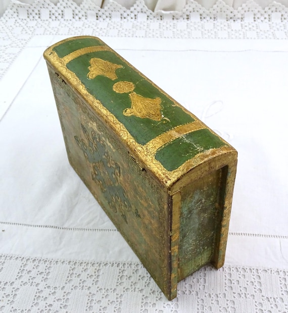 Vintage Italian Venetian Golden Wooden Box Shaped as a Book, Retro Gold Colored Jewelry Box from Europe, Old Style Curio Gold Green Decor