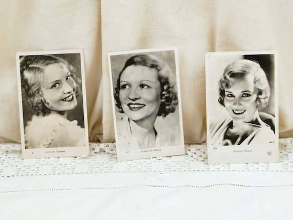 3 Vintage French Black and White Postcard of 1940s Actresses Jeanine Crispin Madge Evans Eliane de Creus, Retro Chic Elegance from France