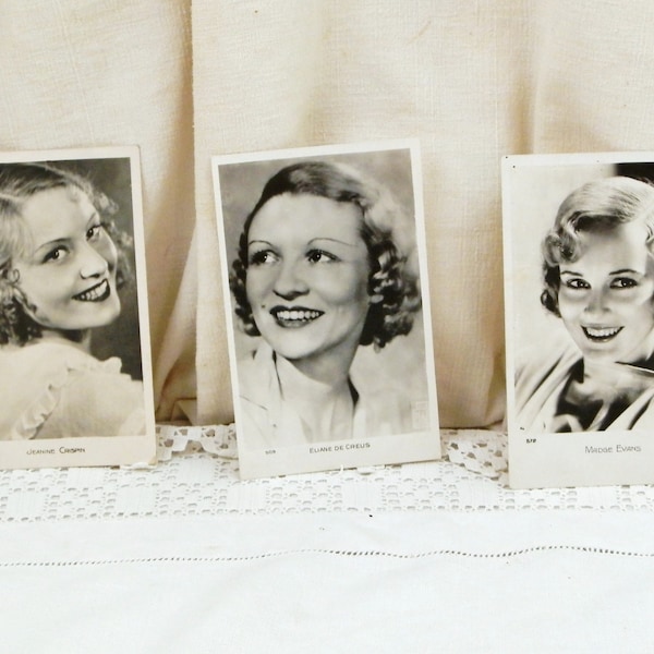 3 Vintage French Black and White Postcard of 1940s Actresses Jeanine Crispin Madge Evans Eliane de Creus, Retro Chic Elegance from France