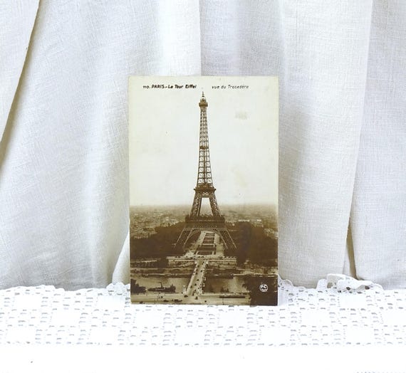 French Vintage 1930s Sepia Black and White Postcard of the Eiffel Tower in Paris and River Seine,  Retro Picture of Parisian Monument