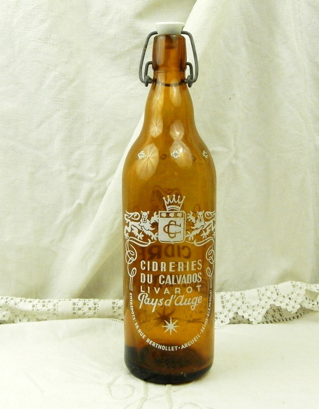Vintage French Amber Glass Cider Bottle with a Metal and Ceramic Clasp