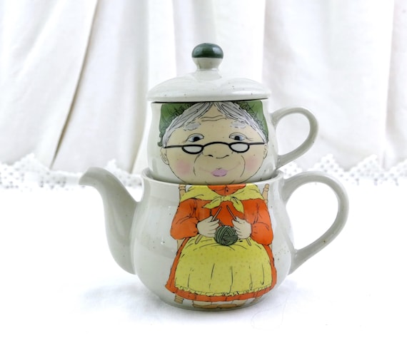 Small Vintage Teapot and Cup with Granny Knitting Design on the Front, Retro 1980s Pottery Fun Tea Party Accessory, Picture of an Old Woman