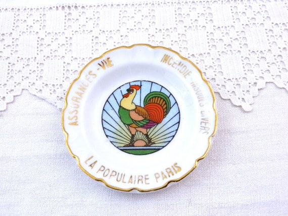 French Vintage Goumot Labesse Limoges Porcelain Promotional Ashtray for La Populaire from Paris with Stylized Rooster Pattern, Ring Dish
