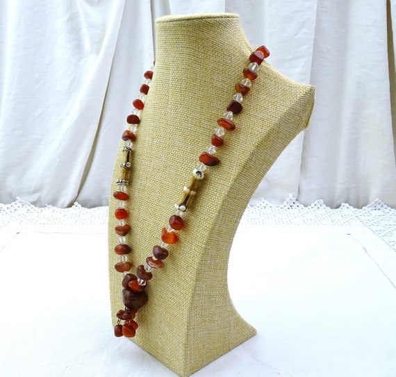 Vintage French Tribal Style Necklace made from Polished Orange Agate Chips and Faceted Clear Glass Beads, Retro Primitive Stone Jewelry