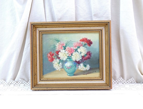 Vintage French Framed Oil Painting of Carnation Flowers in Vase, Retro Hand Painted Picture of Pink Red and White Floral Decoration Frame