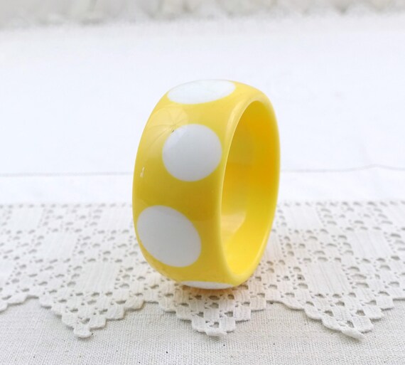 Vintage Large Chunky Round Bright Yellow and White Polka Dot  Bangle, Retro Statement Piece Woman Colorful Jewelry Bracelet from France