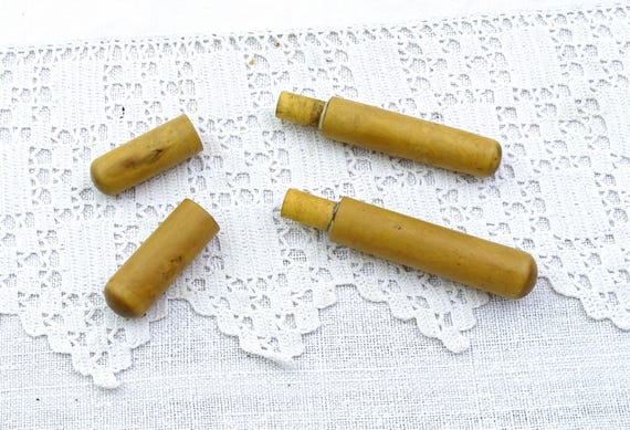 2 Antique French Small Round Cylindrical Wooden Box Needle Case, Long Thin Tiny Storage Container made of Wood, Curio Retro Item, Country