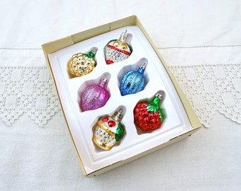 Boxed Set of 6 Vintage French Unused Glass Ball Christmas Decorations in Original Box in Pink Blue and Yellow, Retro Tree Ornaments France