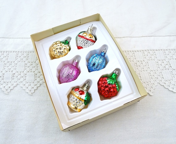 Boxed Set of 6 Vintage French Unused Glass Ball Christmas Decorations in Original Box in Pink Blue and Yellow, Retro Tree Ornaments France