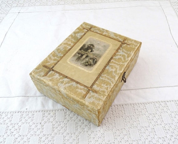 Antique French Worn Collage Wooden Box with Image of St Bernadette in Lourdes and Pale Romantic Country Scene, Vintage Country Chateau Chic