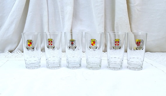 Vintage French Set of 6 Pastis Duval Drinking Glasses with Town Blazons such as Nice Valence Beaucaire and Baux de Provence, Glass Tumblers