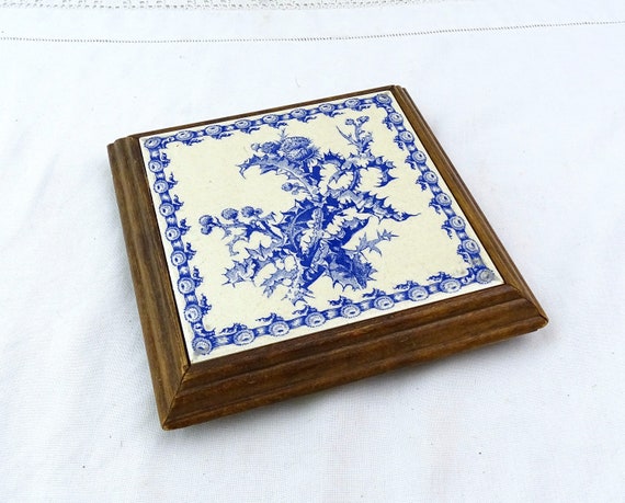 Antique French Square Ceramic Tile Trivet Hot Plate with Thistle Pattern in Blue and Oak Wood Frame, Vintage Country Cook Farmhouse Kitchen