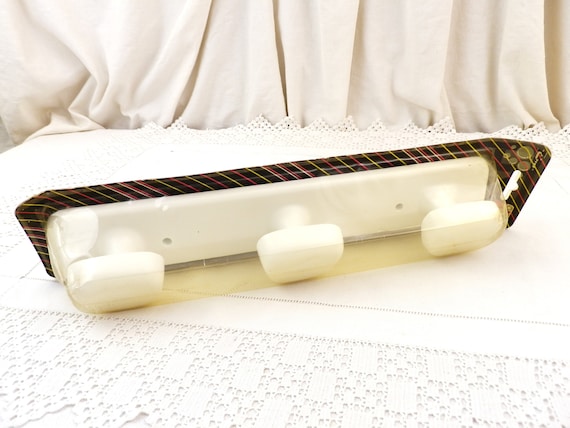 Vintage French Unused Boxed White Plastic 3 Hook Bathroom Towel Rack, Retro 60s Wall Coat Hanger Clothes Storage with 3 Pegs from France