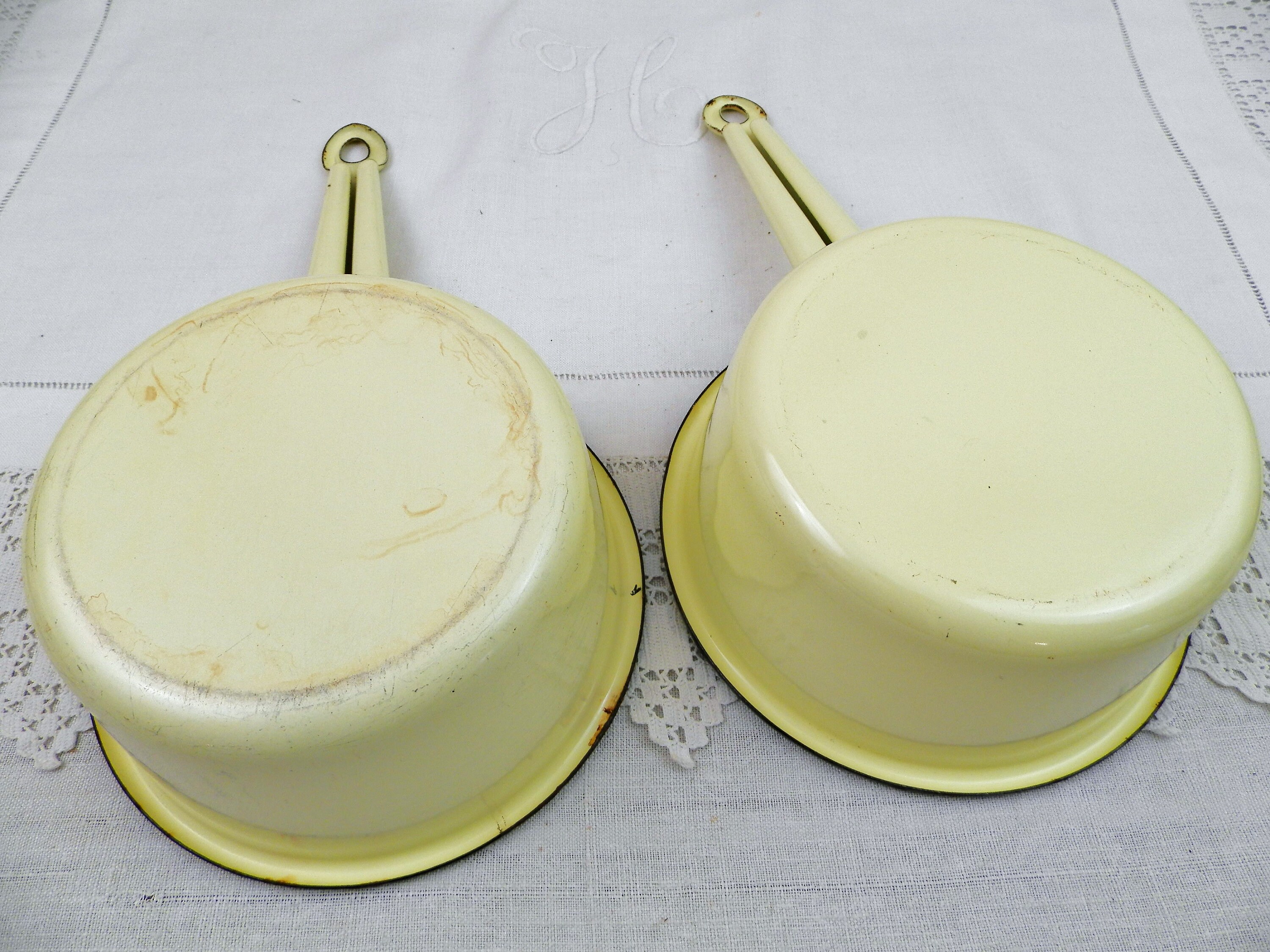 2 Vintage French 1950s Identical Yellow Enameled Cooking Pans