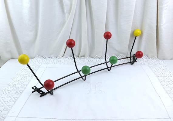 Vintage French Mid Century Modern Coat Rack with Colorful Wooden Balls, Retro 1960s Atomic Space Age Metal and Wooden Wall Mounted Hanger
