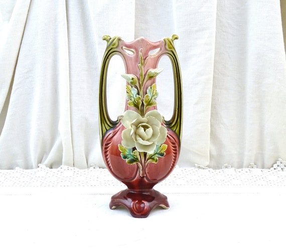 Antique French Art Nouveau Majolica China Vase with White Flower Petals and 2 side Handles, Retro 1900s Pottery Decorative Vase from France