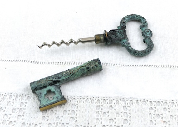 Vintage French Bronze Key Shaped Corkscrew  with Vert de Gris Color Patina, Retro Chateau Castle Novelty Barware Bottle Opener Fun Gift