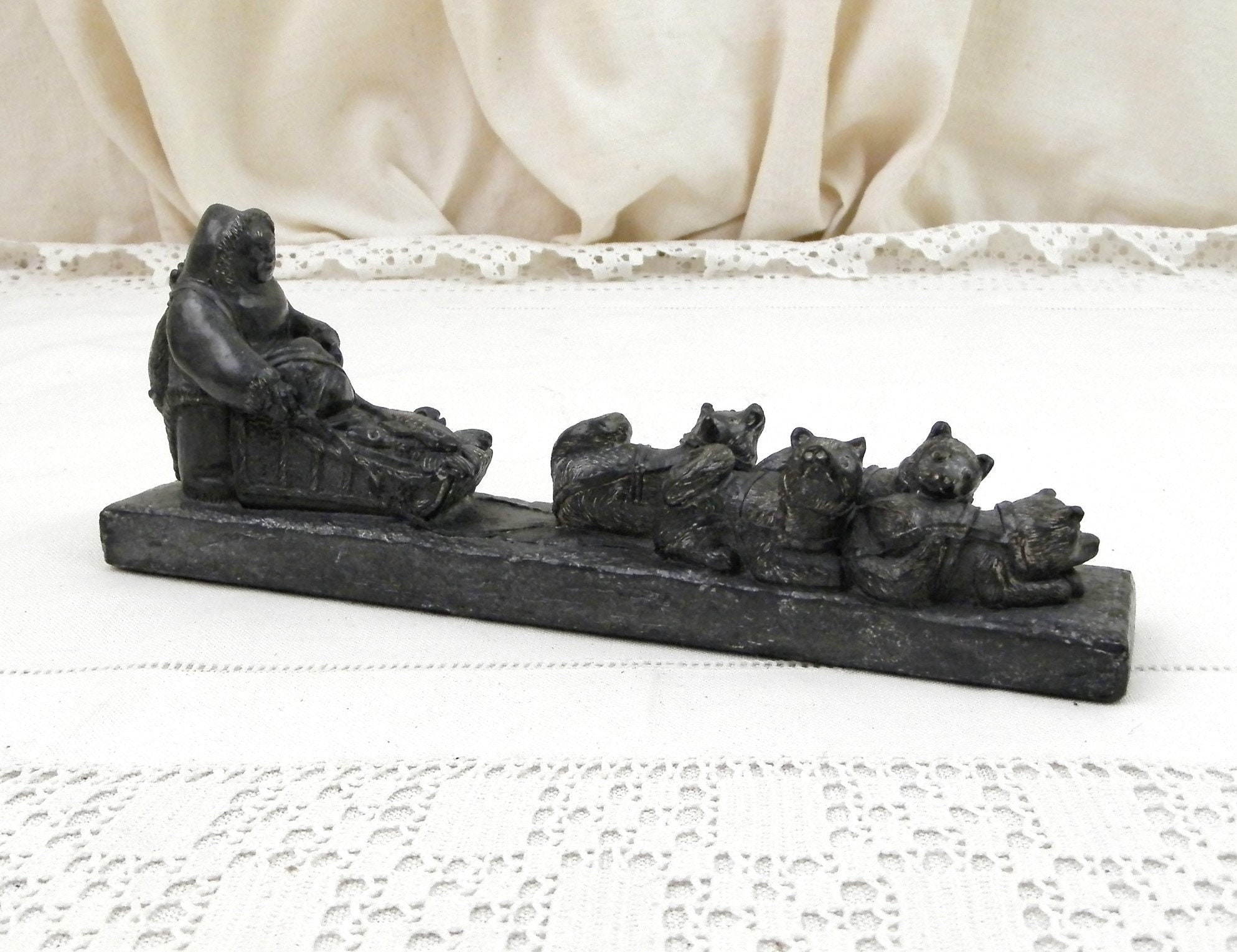 Small Vintage Wolf Original Sculpture of a Canadian Inuit Hunter on a