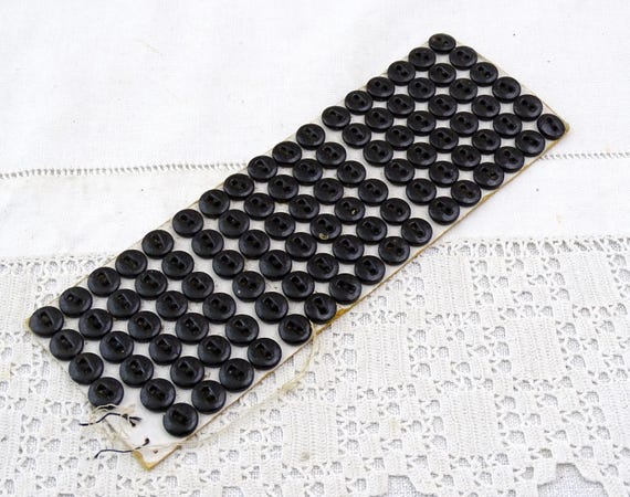 100 Antique French Black Glass Unused Two Hole Buttons Still on Original Card, Vintage Victorian Old Style Dressmaking Accessory from France
