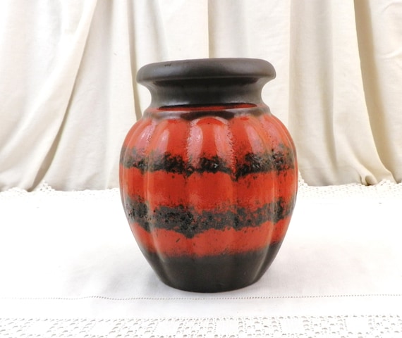 Vintage Scheurich Keramik Large Round Vase with Red and Black Striped Fat Lava Glaze, Mid Century 1960s Big West German Pottery Vase