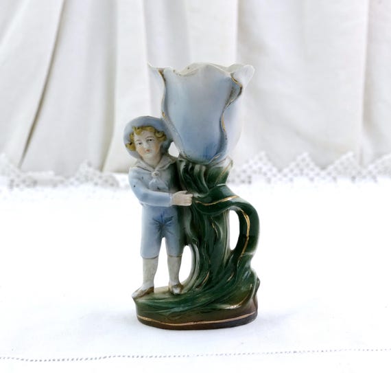 Antique German Bisque Porcelain China Figurine Boy with Large Tulip Flower Vase #2189, Retro Late Victorian Ceramic Collectible Germany