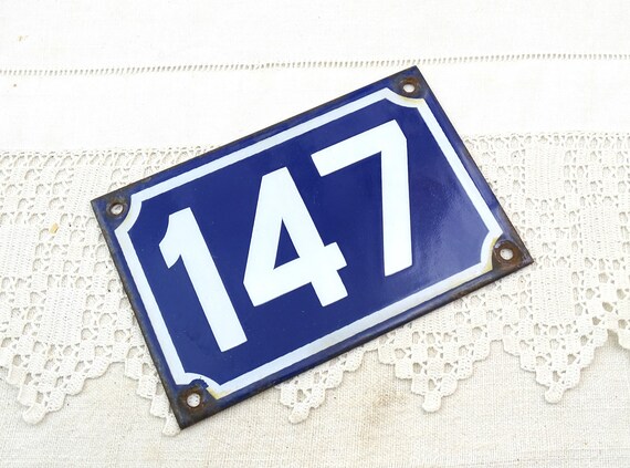 Vintage French Porcelain Enameled Metal House Sign in Blue and White Number 147, Enamelware Street from France, Traditional Address Sign