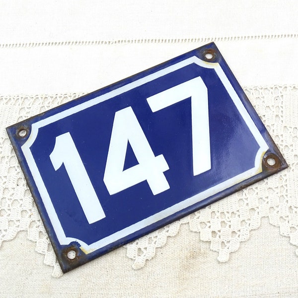 Vintage French Porcelain Enameled Metal House Sign in Blue and White Number 147, Enamelware Street from France, Traditional Address Sign