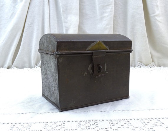 Antique French Rounded Top Metal Box with Clasp, Small Chest Style Folded White Metal Casket from France, Country Brocante Home Decor