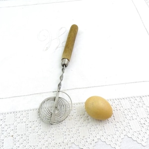 Vintage French Hand Held Spring Activated Egg Whisk, Vintage Metal and Wood Kitchen Utensil, Retro Cooking Kitchenware Decorfrom France