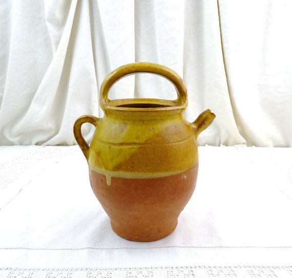 Antique French Earthenware Glazed Water Pitcher with Top Handle, Retro Pottery Gargoulette from France, Old Style Country Farmhouse Jug