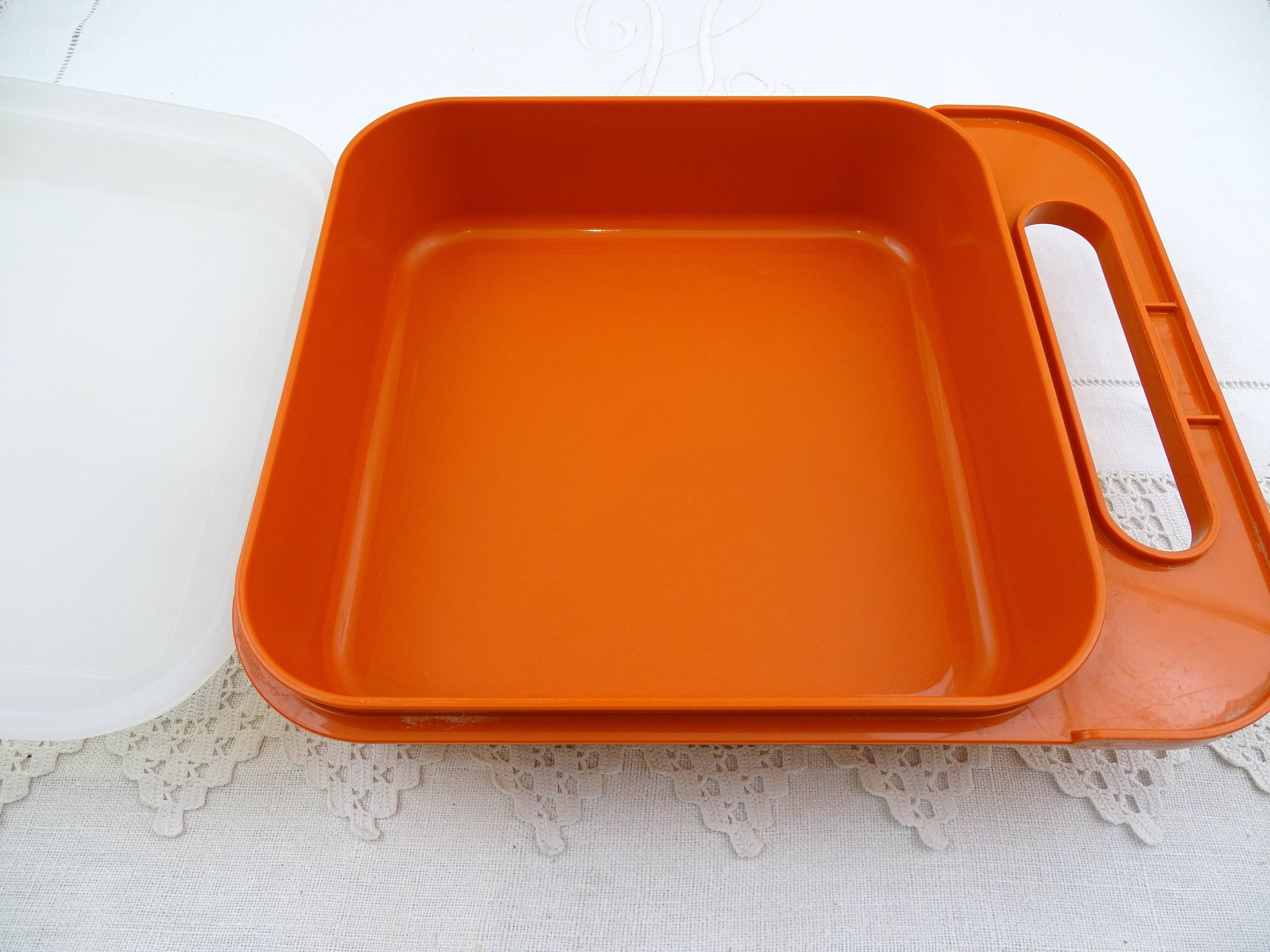 Vintage French Tupperware Bright Orange Lunch Box with Handle