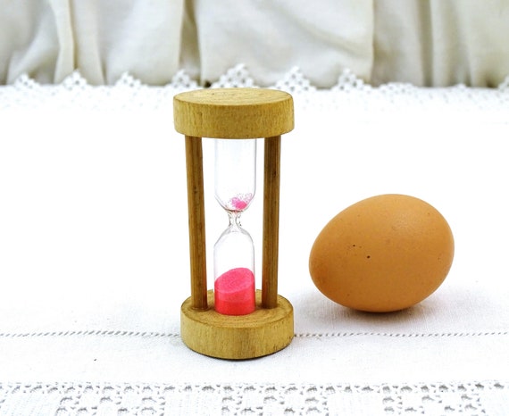 Vintage French Rustic Egg Timer with Bright Pink Sand  and Wooden Support, Retro Countdown Timer Farmhouse Kitchen Accessory from France