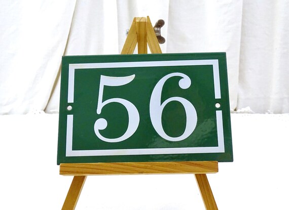 Vintage French Porcelain Enameled Metal House Sign in Green and White Number 56, Enamelware Street Home France, Traditional Address Sign