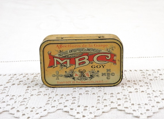 French Antique Lithographed Metal Tin Box for Antiseptic Pills MBC from Paris, Vintage Apothecary Collectible from France, Brocante Decor