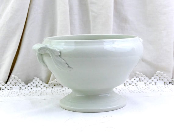 Antique French White Glazed Ironstone Soup Tureen with Side Handles by Digoin , Vintage Chateaucore Chic Shabby Country Home Interior