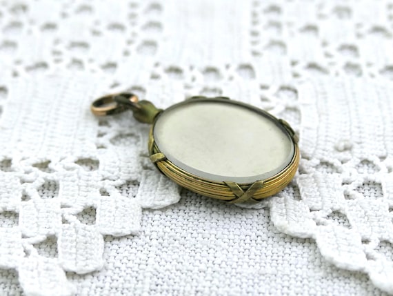 Antique French Oval Gold Plated Pendant Photo Holder with Beveled Glass Double Sided with Sepia Portrait Photograph Man, Necklace Accessory