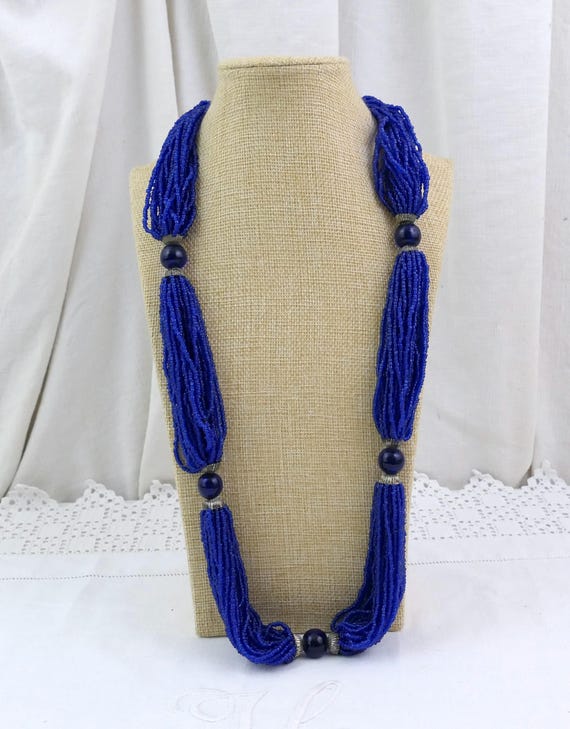 Vintage Indian Multi Strand Blue Seed Bead Long Necklace, Retro Ethnic Colorful Glass Jewelry from India, Retro Hippy Boho Fashion