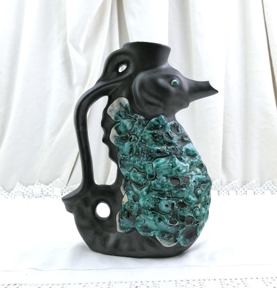 Vintage French Mid Century Fat Lava Vallauris Zoomorphic Seahorse Pitcher / Vase with Dark Aqua Marine Glaze, 1960s Retro Sea Studio Pottery