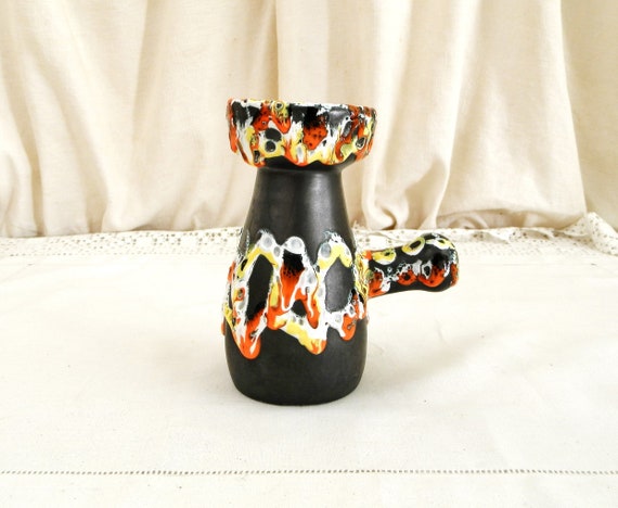 Vintage Mid Century 1960 Vase Colorful Drippy Lava Glaze on Black Glaze, Retro 60s Vallauris Orange White and Yellow Pottery Pot from France