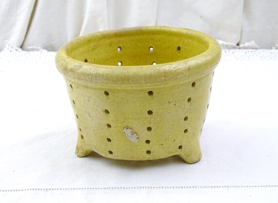 Large French Antique Faisselle Cheese Strainer Mould Pale Yellow Glazed Pottery, Vintage Farmhouse Cottage Dairy Mold Kitchen Decor France