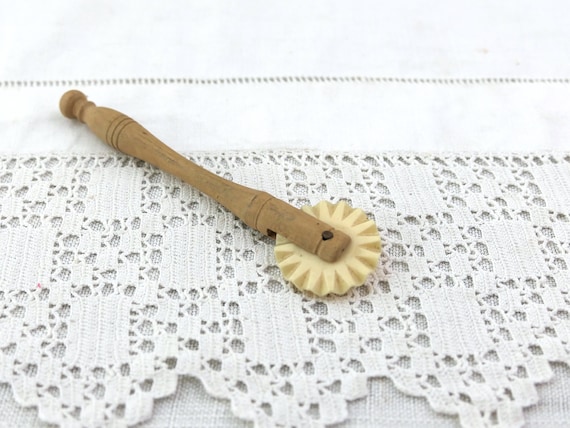 Vintage Wooden and Bakelite Pastry Pie Wheel Crimpers from France, Turned Wood Kitchen Utensils, French Country Cottage Diary Butter Shapper