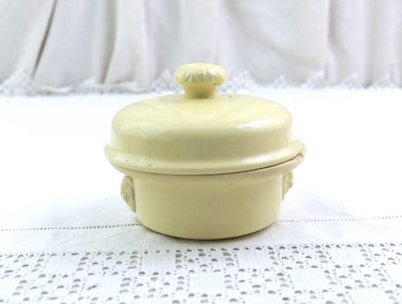 Small Antique Foies Gras Lidded Pot Jar with Loin Heads by Simplex in Beige Pottery France, French Traditional Country Chateau Kitchen Decor