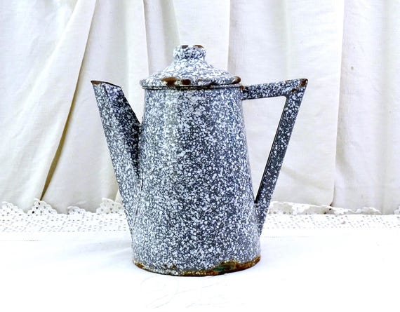 Antique French Art Deco Granitware Gray and White Enamel Coffee Pot, Retro 1920s Splattterware Enamelware Kitchenware Rare Example