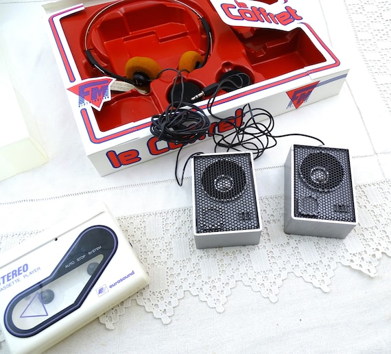 Vintage 1980s Boxed Set of Personnel Stero System Cassette Player with Speakers and Head Phones in Carrying Case, Retro Walkman Music France