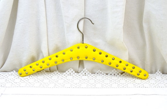 Vintage French Mid Century 1960s Studded Bright Yellow Vinyl Coat Hanger, Retro 60s Hanging Clothing Fashion Accessory from France